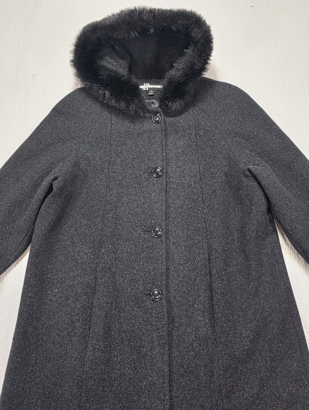 Vintage JP 1893 Charcoal Gray Wool Hooded Long Coat with Black Faux Fur Trim - Picture 5 of 13